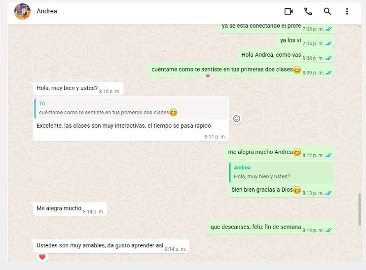 Testimonio de Andrea por WhatsApp